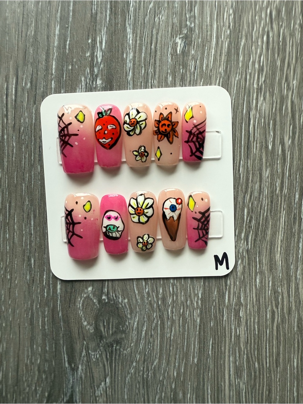 Hand-Painted Pink Floral & Fruit Press-On Nail Set
